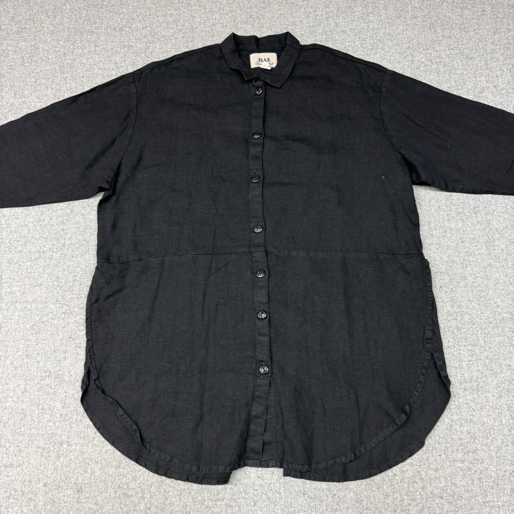 FLAX Jeanne Engelhart Linen Button Down Tunic Shirt Size Medium Black Lagenlook